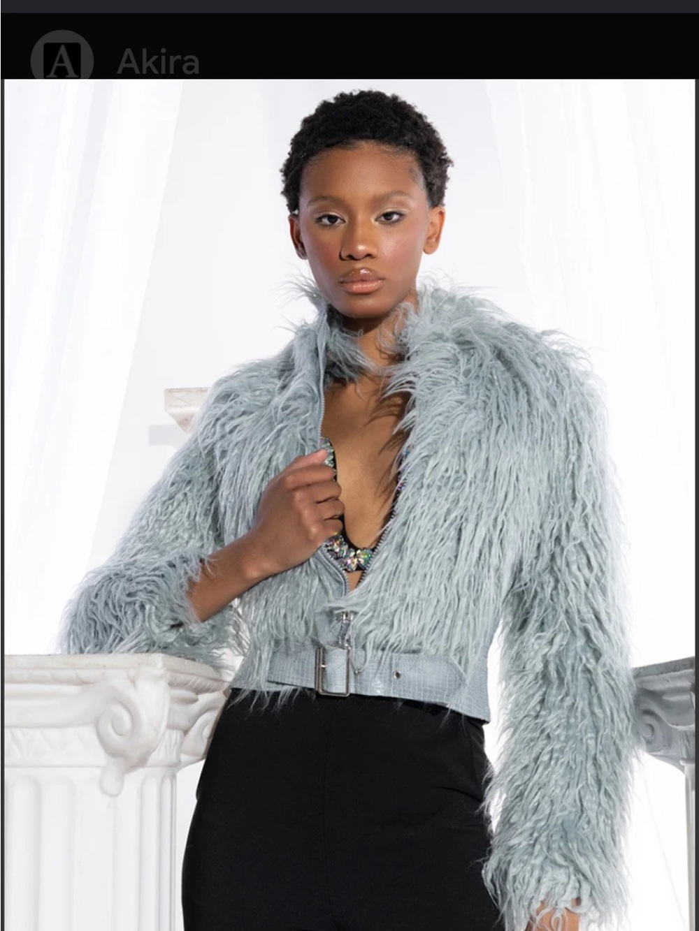 AKIRA Powder Blue Cropped Faux Fur Bomber Jacket with Belt